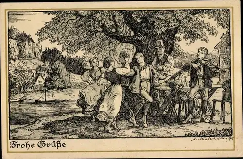 Künstler Ak Michaelis, A., Tanzende Menschen, Geigenspieler