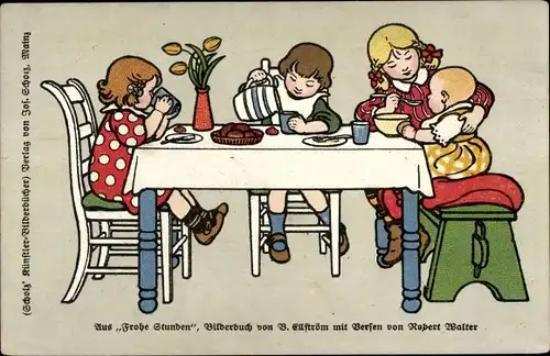 Künstler Ak Walter, R., Kinder am Tisch, Mahlzeit, Essen, Blumen, Frohe Stunden