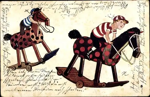 Litho Kinder als Jockeys, Schaukelpferde