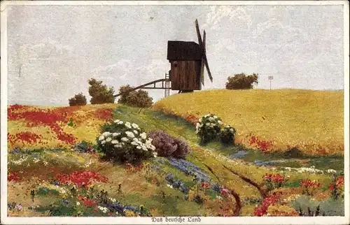 Künstler Ak Das deutsche Land, Windmühle, Blumenwiese
