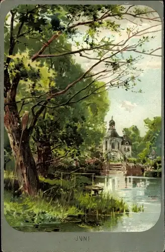 Litho Dorf im Juni, Teich, Bäume, Garten