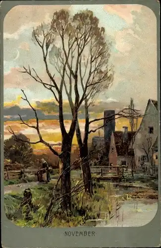 Litho Dorf im November, Bäume ohne Blätter, Häuser, Bewölkter Himmel