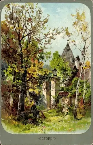 Litho Dorf im Oktober, Bunter Herbst, Frau im Wald, Hund, Kirche