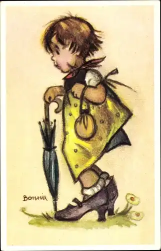 Künstler Ak Bonnie, Kind als Erwachsener, Regenschirm, Zu große Schuhe