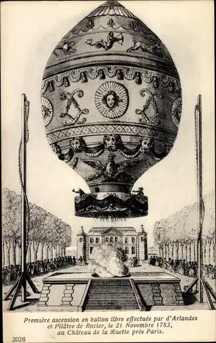 Ak Premiere ascension en ballon libre, d'Arlandes et Pilatre de Rozier, 1783, Chateau de la Muette