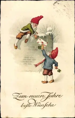 Ak Glückwunsch Neujahr, Zwerge, Brief, Glücksklee