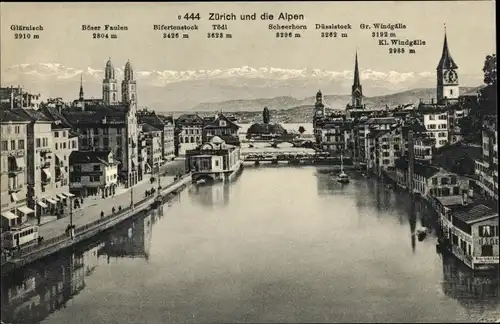Ak Zürich, Stadtbild mit Alpen im Hintergrund