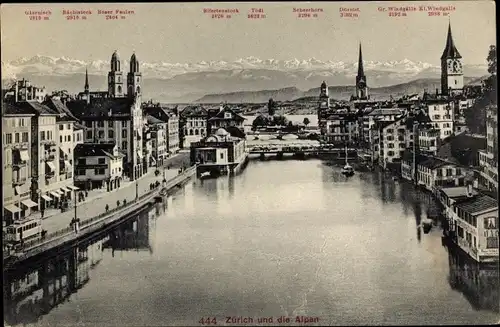 Ak Zürich, Stadtbild mit Alpenpanorama