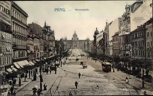 Ak Praha Prag, Wenzelsplatz, Blick zum Museum, Straßenbahn