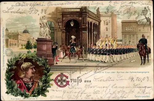 Litho Potsdam, Neues Palais, Kaiser Wilhelm II. an der Spitze der Fahnenkompanie