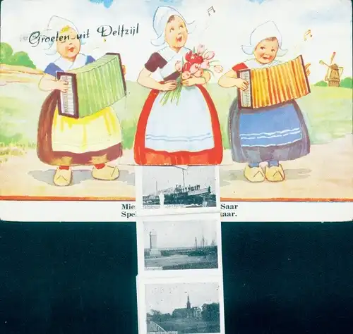 Leporello Ak Delfzijl Groningen, Musizierende Mädchen, Niederländische Tracht, Harmonika, Tulpen