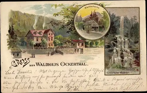 Litho Oker Goslar am Harz, Waldhaus Ockerthal, Waldschenke, Romkerhaller Wasserfall