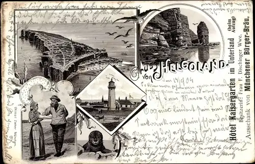 Litho Nordseeinsel Helgoland, Robbe, Leuchtturm, Helgoländer, Totalansicht der Insel