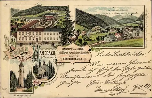 Litho Manebach Ilmenau in Thüringen, Gasthof zum Hirsch, Kickelhahnturm, Manebacher Grund