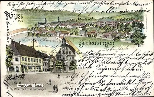 Litho Schleusingen in Thüringen, Hotel Weißes Ross, Totalansicht