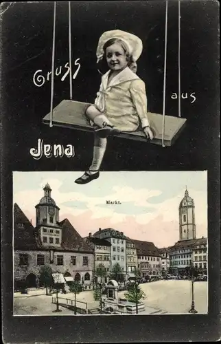 Passepartout Ak Jena in Thüringen, Markt, Mädchen auf einer Schaukel