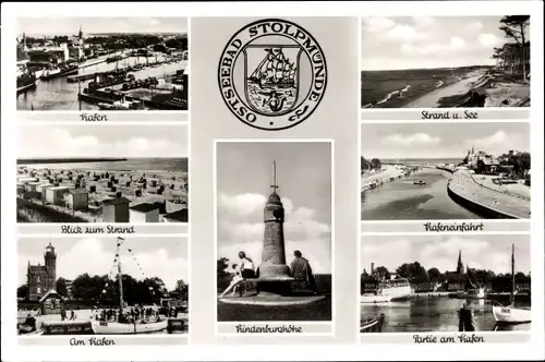 Wappen Ak Ustka Stolpmünde Pommern, Hafen, Strand, Hindenburghöhe, Hafeneinfahrt