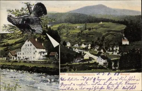 Ak Schönmünzach Baiersbronn Schwarzwald, Flusspartie, Gasthaus zum Ochsen, Auerhuhn, Panorama