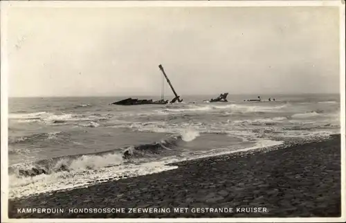 Ak Kamperland Noord-Beveland Zeeland Niederlande, Deich mit gestrandetem Kreuzer