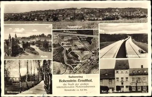 Ak Hohenstein Ernstthal, Markt, Autobahn, Birkenweg Haynholz, Karl May Haus, Sachsenring