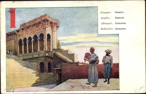 Buchstaben Künstler Litho Indien, Tempel, Mönch, Buchstabe I