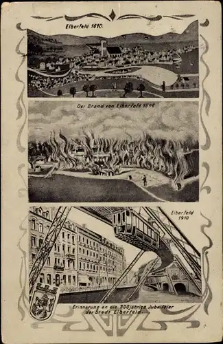 Ak Elberfeld Wuppertal, Totalansicht 1610, Brand 1696, Schwebebahn 1910
