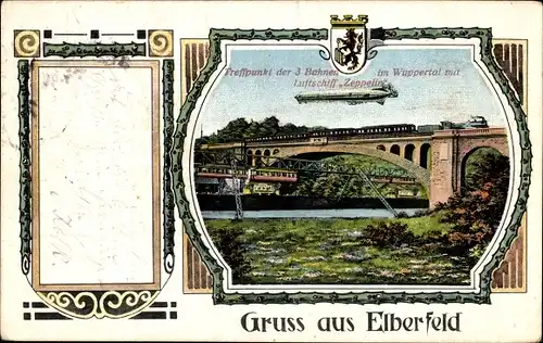 Passepartout Ak Elberfeld Wuppertal, Schwebebahn, Eisenbahn, Straßenbahn, LZ 127 Graf Zeppelin