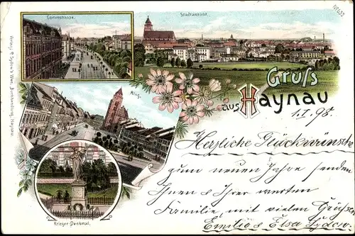 Litho Chojnów Haynau Schlesien, Kriegerdenkmal, Ring, Stadtansicht