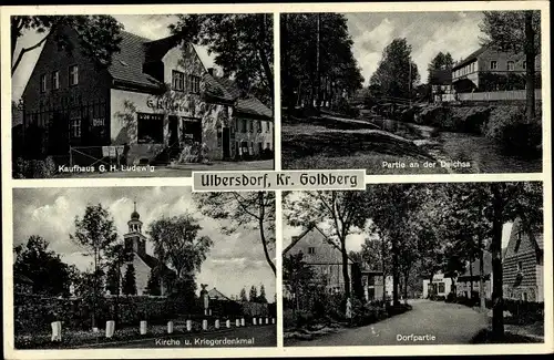 Ak Ulbersdorf Kreis Goldberg Schlesien, Partie an der Deichsa, Kaufhaus, Kirche, Kriegerdenkmal