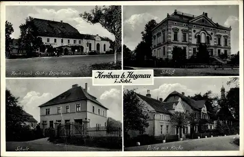 Ak Krzywa Kreibau Schlesien, Schloss, Kirche, Schule, Gasthaus