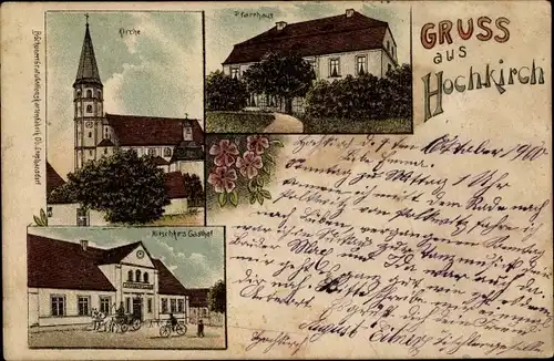 Litho Grodowiec Hochkirch Niederschlesien, Kirche, Pfarrhaus, Gasthof