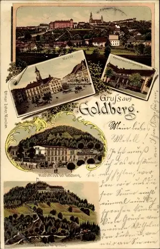 Litho Złotoryja Goldberg Schlesien, Waldschloss, Totalansicht, Markt