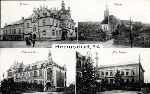 Ak Hermsdorf im Saale Holzland Kreis Thüringen, Rathaus, Kirche, Neue Schule, Alte Schule