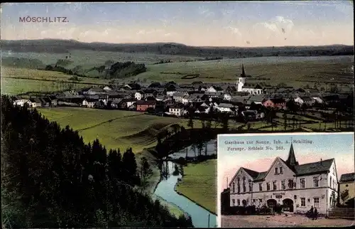 Ak Möschlitz Schleiz im Vogtland Thüringen, Stadtpanorama, Gasthaus zur Sonne, Inh. A. Schilling