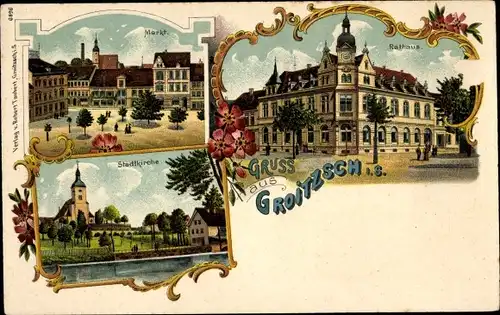 Litho Groitzsch in Sachsen, Rathaus, Stadtkirche, Markt