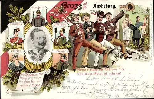 Litho Kaiser Wilhelm II., Aushebung, Morgen muss ich fort..., Marinesoldat, Kavallerist