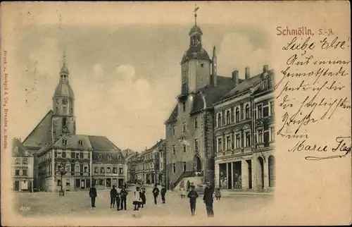 Relief Ak Schmölln (S. A.) in Thüringen, Straßenpartie, Passanten, Kirche