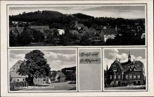 Ak Goldschau Osterfeld Sachsen Anhalt, Dorfstraße mit Gasthof, Rittergut, Panorama