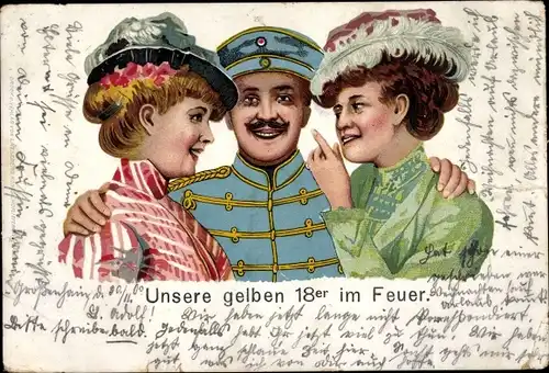 Litho Deutscher Soldat und zwei Frauen, Unsere gelben 18er im Feuer