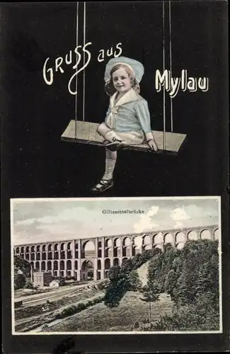 Ak Mylau Reichenbach im Vogtland, Göltzschtalbrücke, Kind, Schaukel
