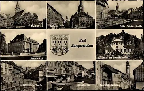 Ak Bad Langensalza in Thüringen, Marktkirche, Schwefelbad, Rathaus, Klubhaus, Lange Brüdergasse