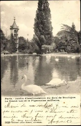 Ak Paris 16. Jahrhundert, Bois de Boulogne, Jardin d’acclimatation, Grand Lac, Militärtaubenschlag