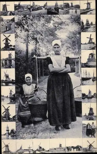 Ak Walcheren Zeeland, Melkboerin, Niederländische Volkstracht, Windmühle