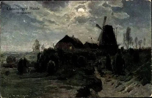 Künstler Mondschein Litho Meinzolt, Georg M., Lüneburger Heide, Mondnacht, Windmühle