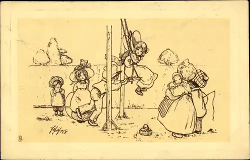 Künstler Ak Schwinge, mein Püppchen, schwinge, Kinder auf dem Spielplatz