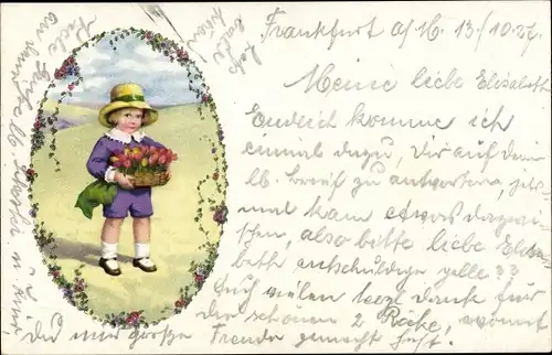 Ak Kind mit Blumenkorb, Tulpen, Gratulant