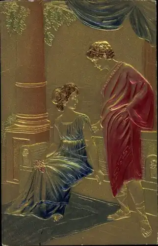 Ak Liebespaar, Gespräch, Blumen, Sitzbank, Säule