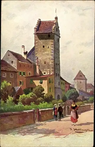 Künstler Ak Heilinger, Straßenpartie, Passanten, Turm, Häuser