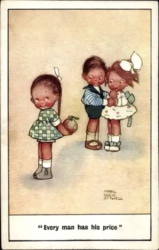 Künstler Ak Attwell, M. L., Versuchung, Liebespaar, Mädchen mit Frucht