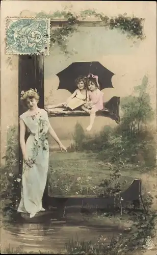 Buchstaben Ak Buchstabe E, Frau, Kinder mit Regenschirm, NPG 195